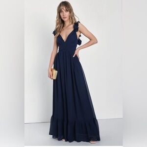 Soiree Celebration Navy Blue Ruffled Lace-Up Maxi Dress
Lulus